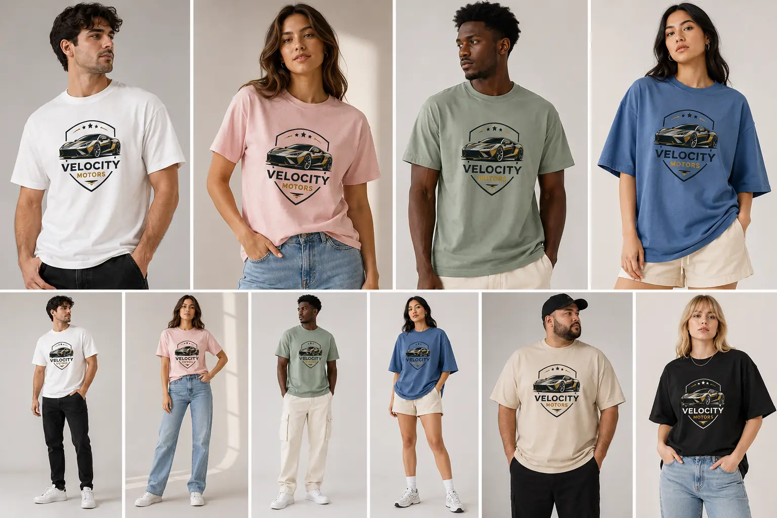 Collage of different models wearing the same graphic T-shirt in various colors, sizes, and fits.