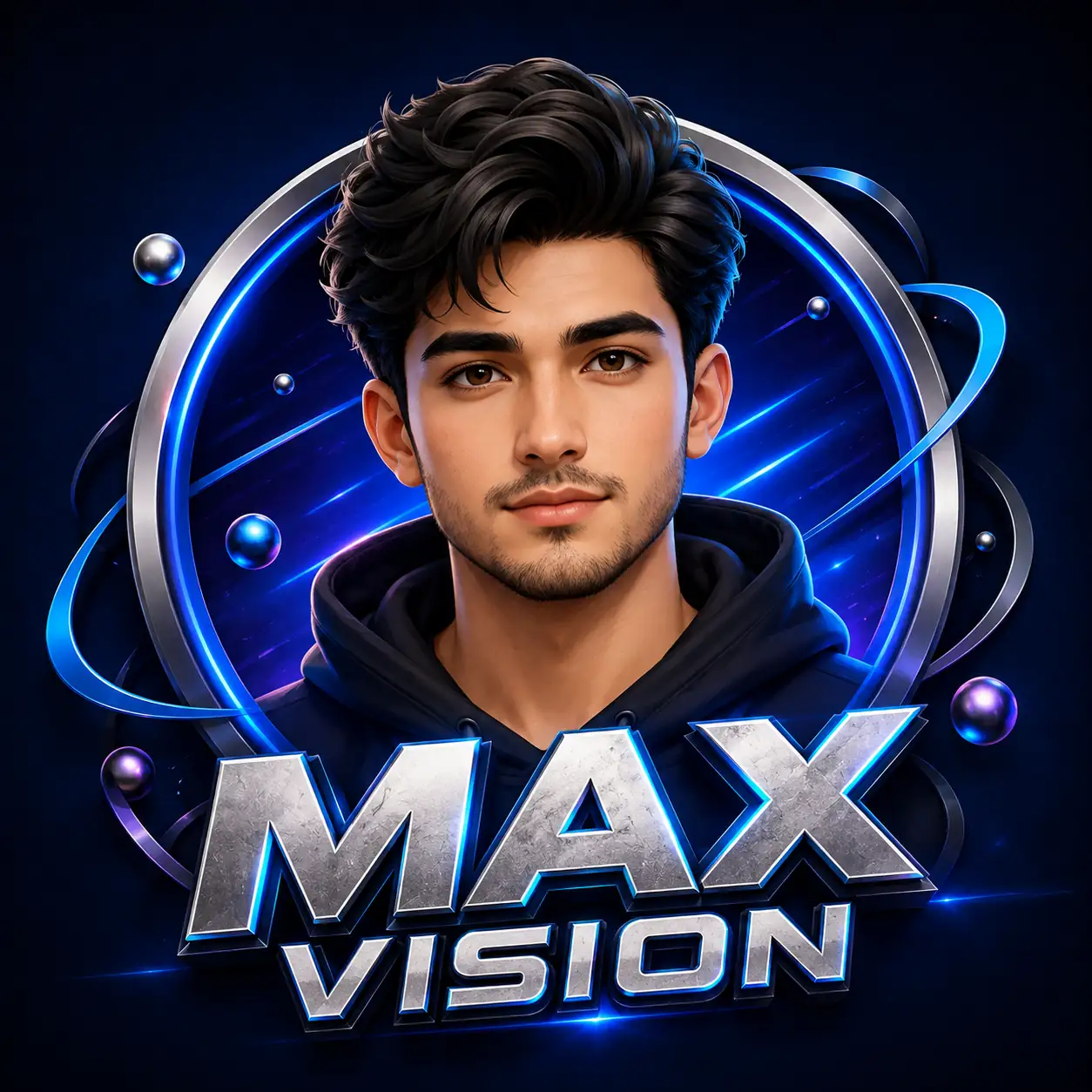 A preserved portrait becomes the 3D centerpiece of the MAX VISION logo surrounded by metallic rings and electric blue details.