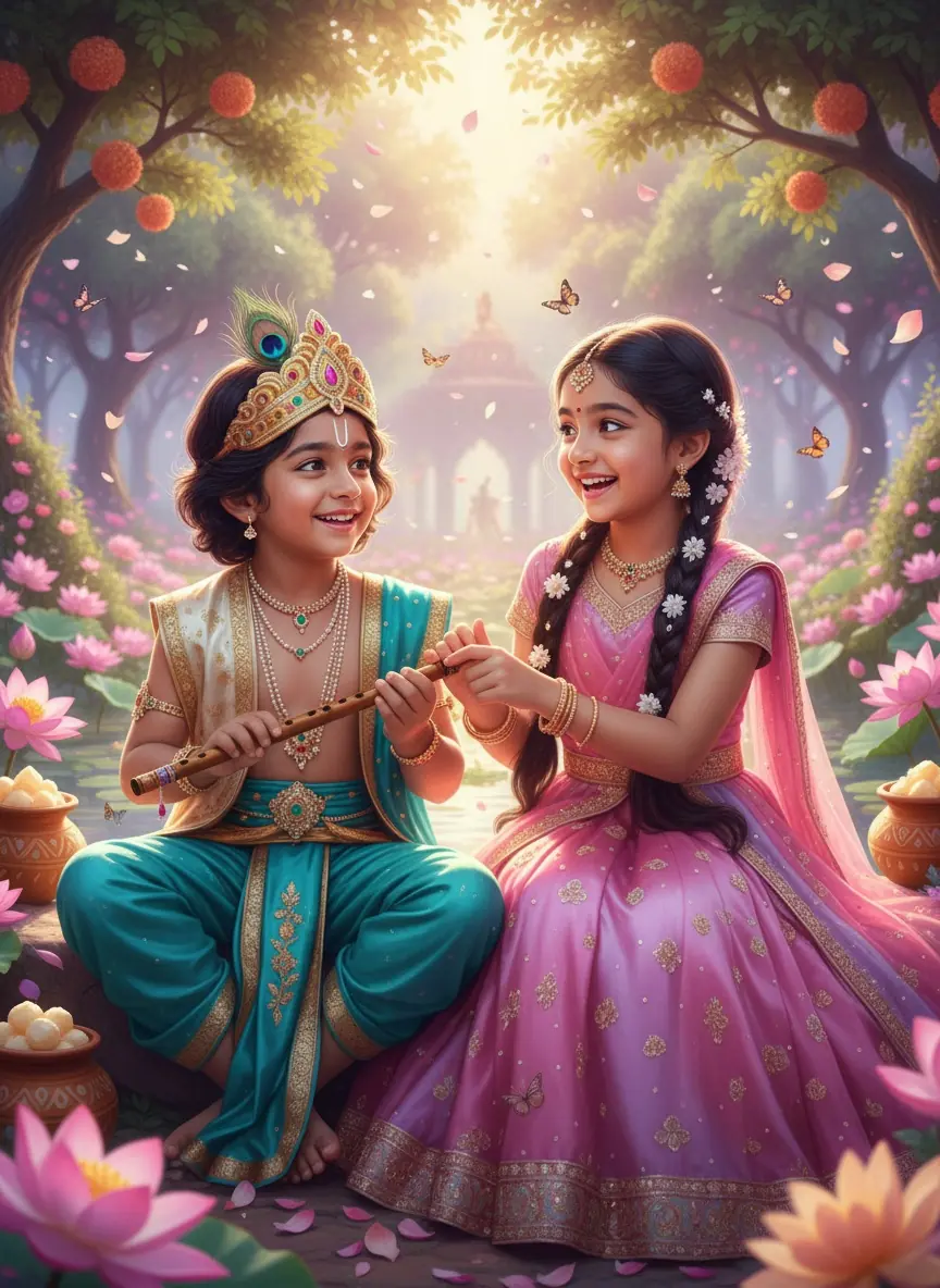 Brother and sister dressed as little Krishna and Radha playing together during a joyful Janmashtami photoshoot.