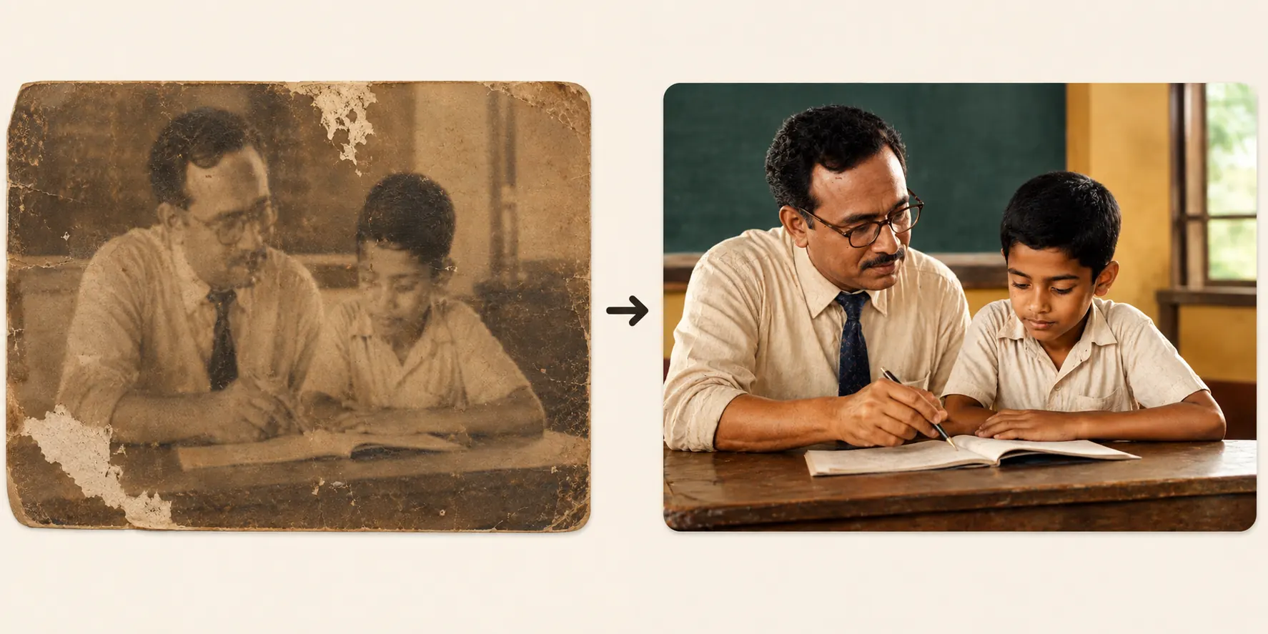 Restored old Teachers’ Day school photo with improved clarity, natural colors, and preserved faces
