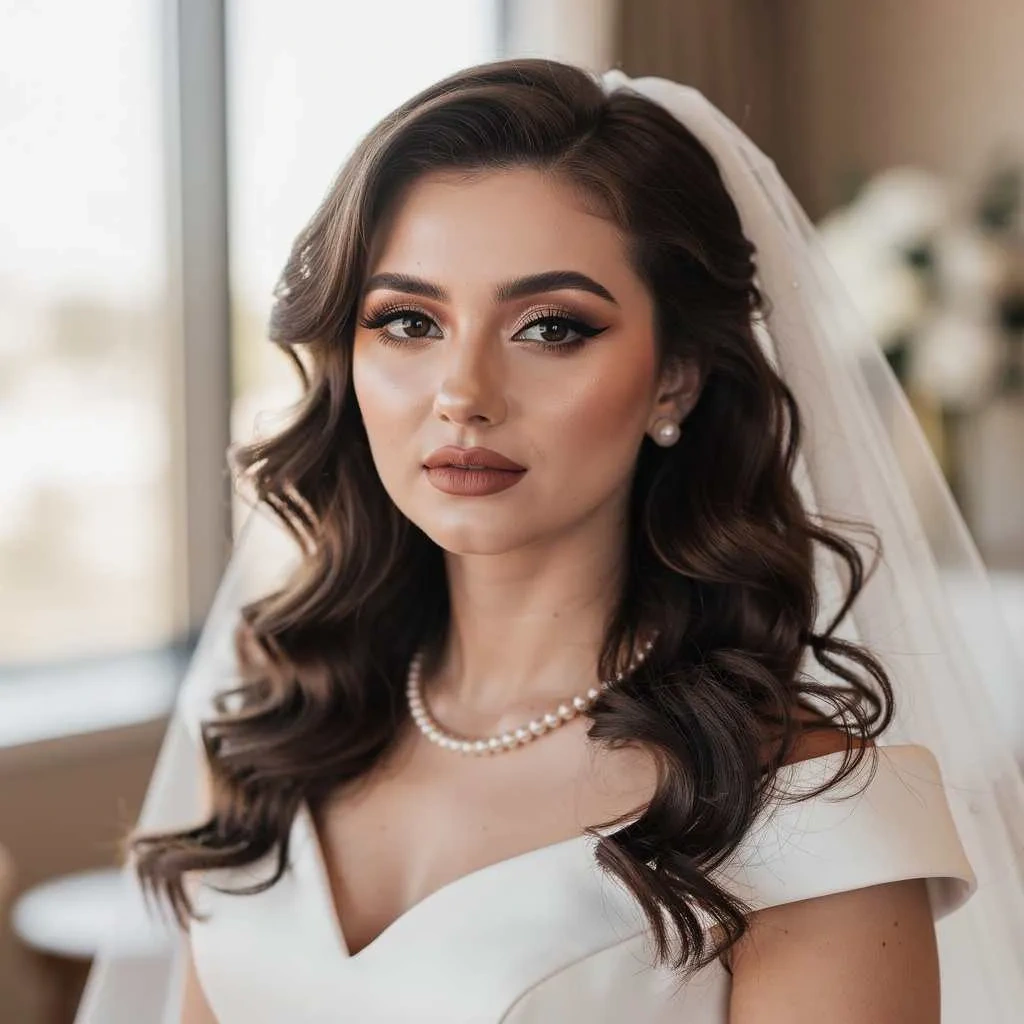 Soft bridal makeup with a timeless romantic wedding look.