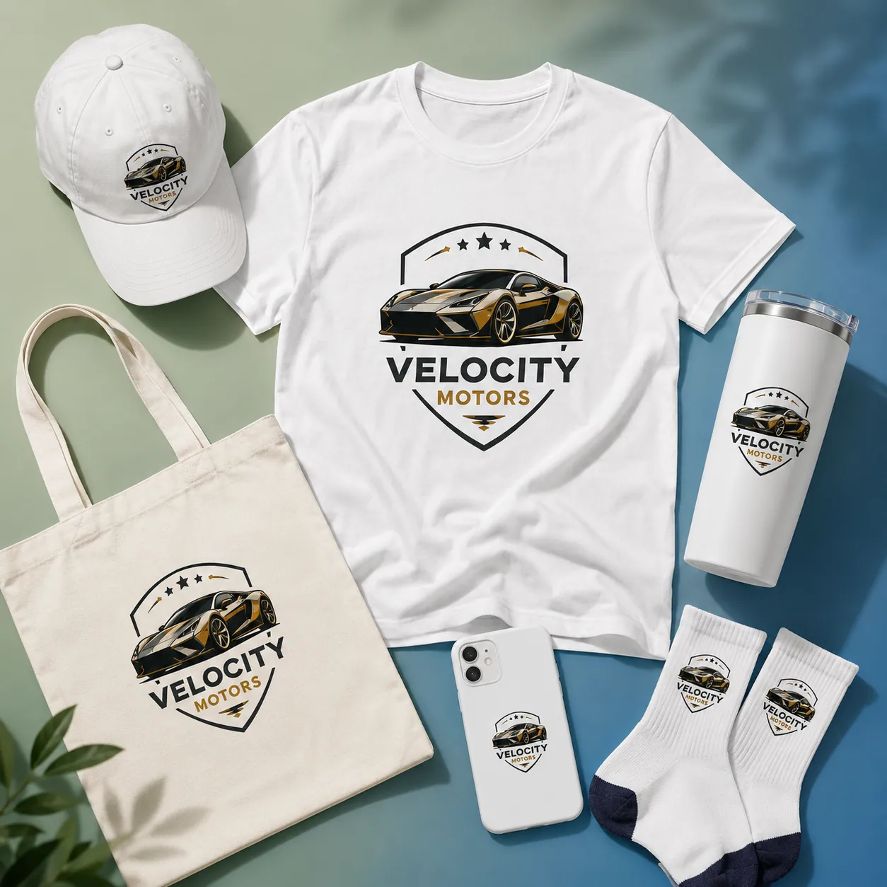 Matching logo displayed across a T-shirt, cap, tumbler, phone case, tote bag, and socks.
