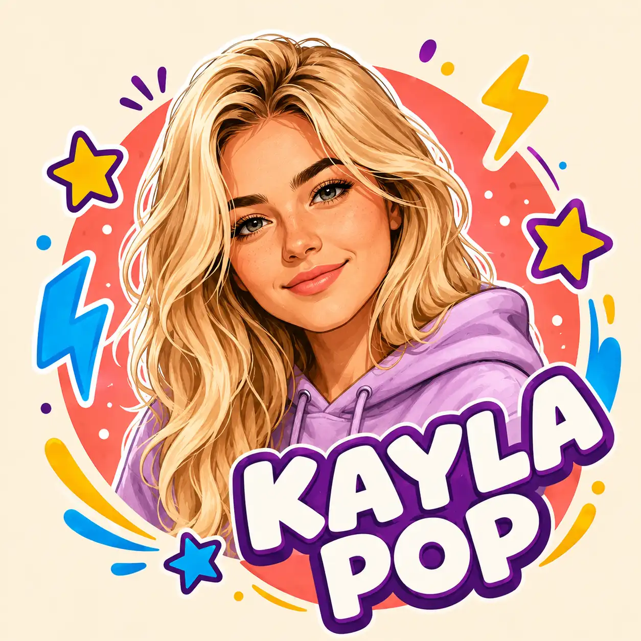 KAYLA POP features a recognizable cartoon face framed by colorful stars dots lightning marks and playful graphic shapes.