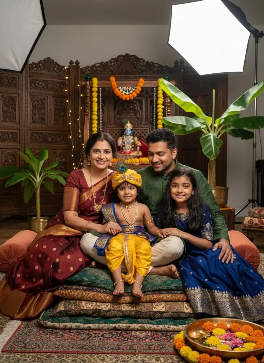 Indian family sitting together in ethnic dress with their youngest child dressed as Krishna for Janmashtami.