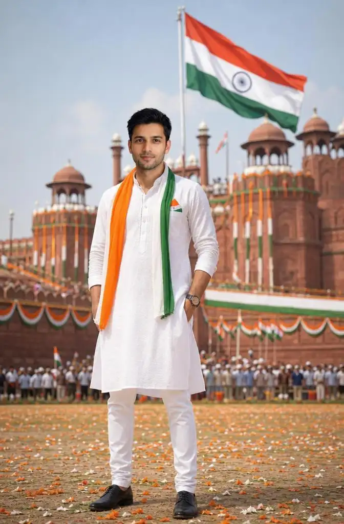 Person standing proudly in front of the Red Fort with Indian flags, flower petals, and patriotic decorations during an Independence Day celebration.