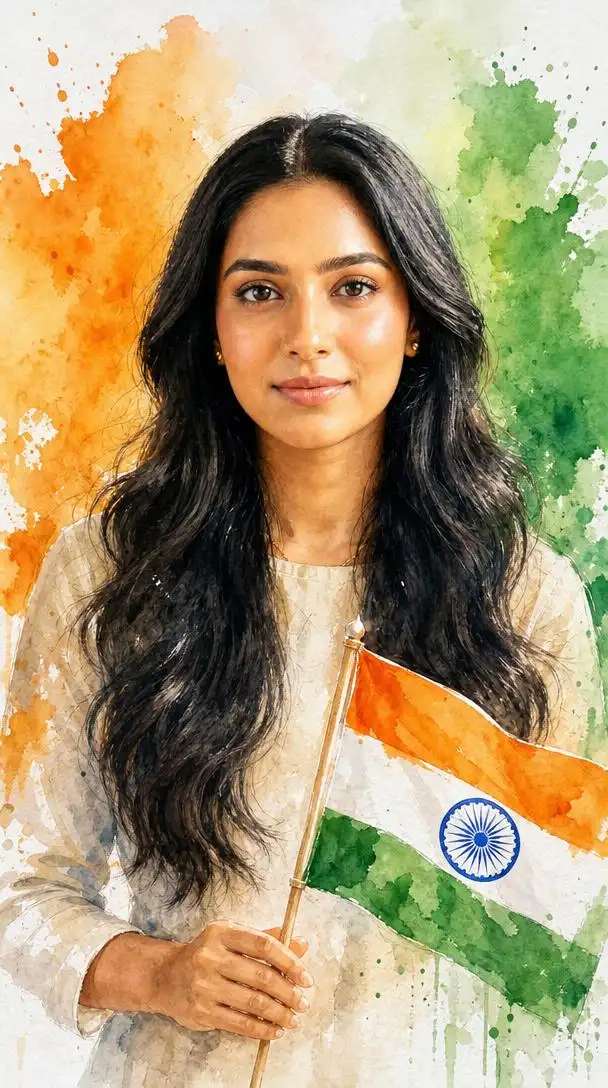 Watercolor-style Independence Day portrait of a person with tricolor paint effects and artistic patriotic elements.