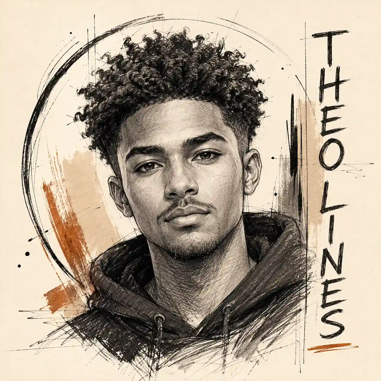 Fine graphite shading and loose charcoal strokes transform the preserved face into an artistic THEO LINES sketch logo.