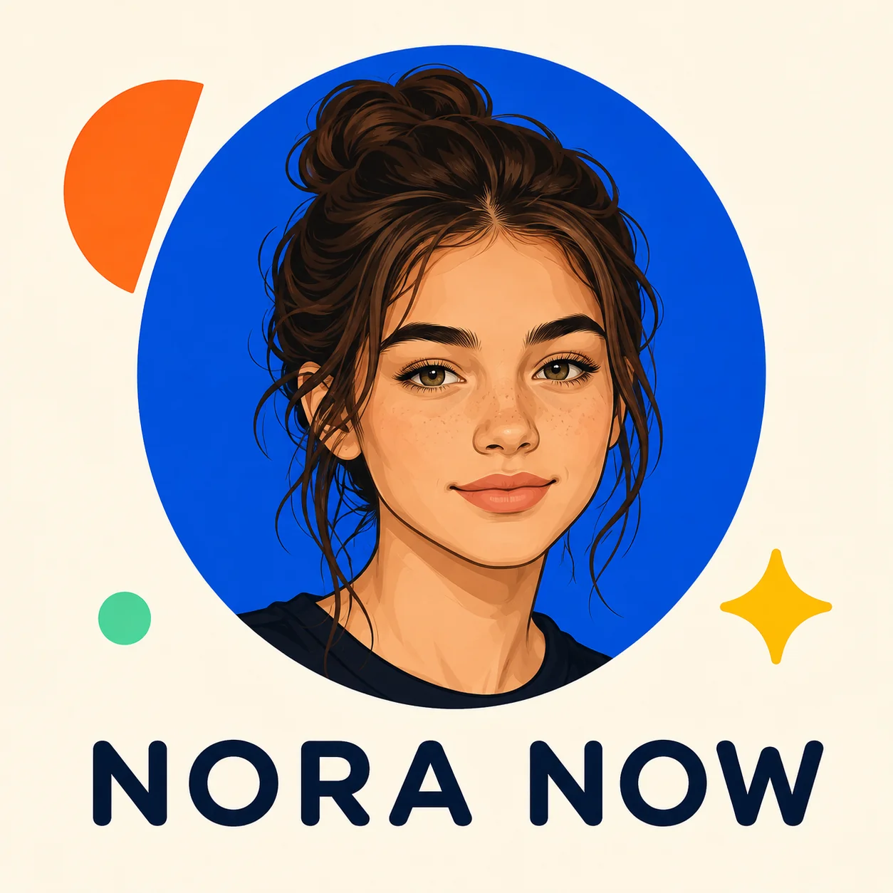 NORA NOW turns the original face into a recognizable vector icon with colorful geometric accents on a clean cream background.