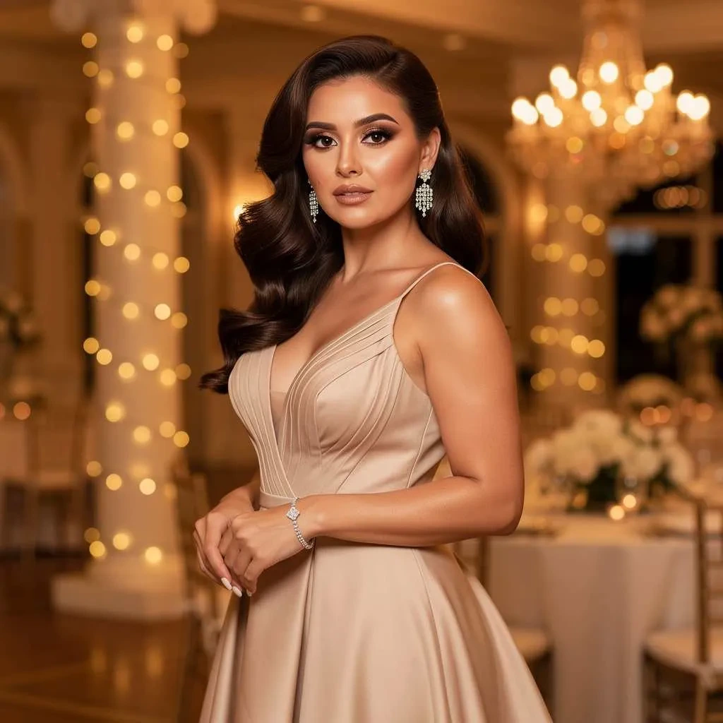 Glamorous wedding reception makeup with Hollywood waves.