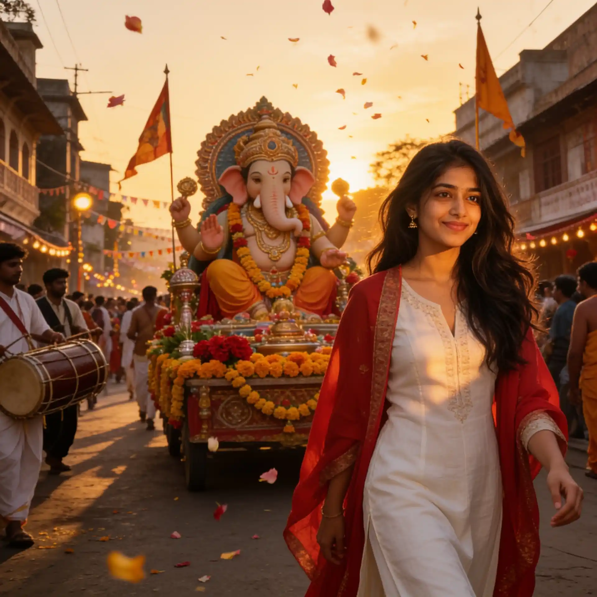 Woman in a traditional white outfit celebrating Ganesh Visarjan during a festive sunset procession.