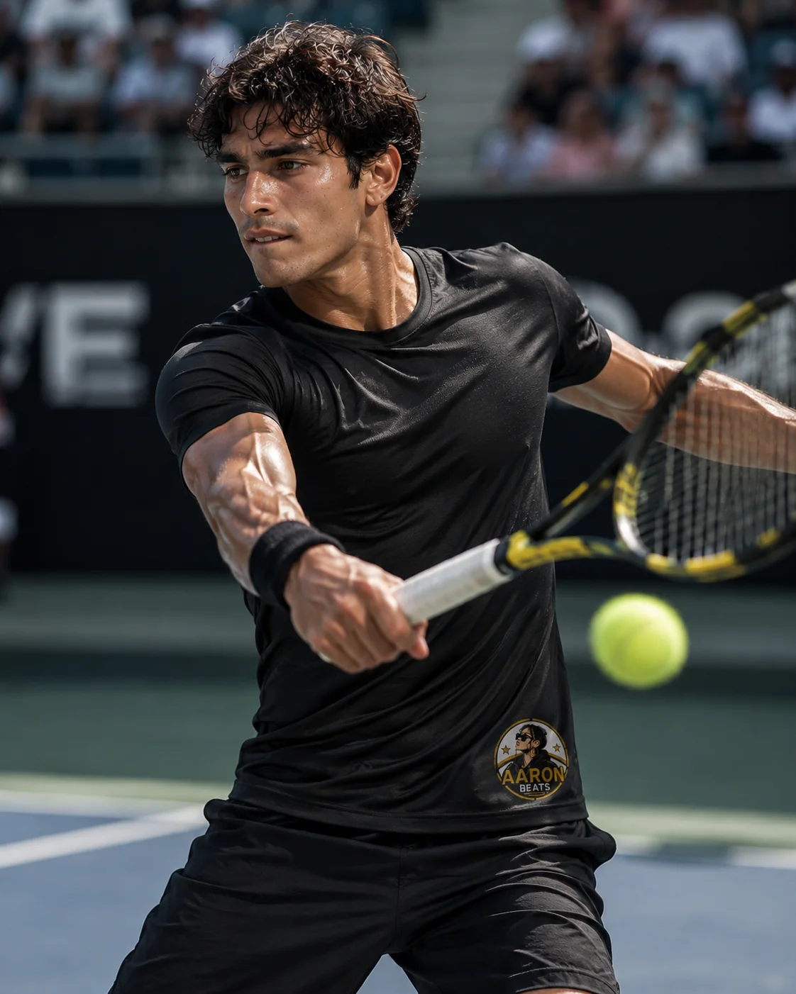 Tennis player wearing a fitted black logo T-shirt during an intense professional match on court.