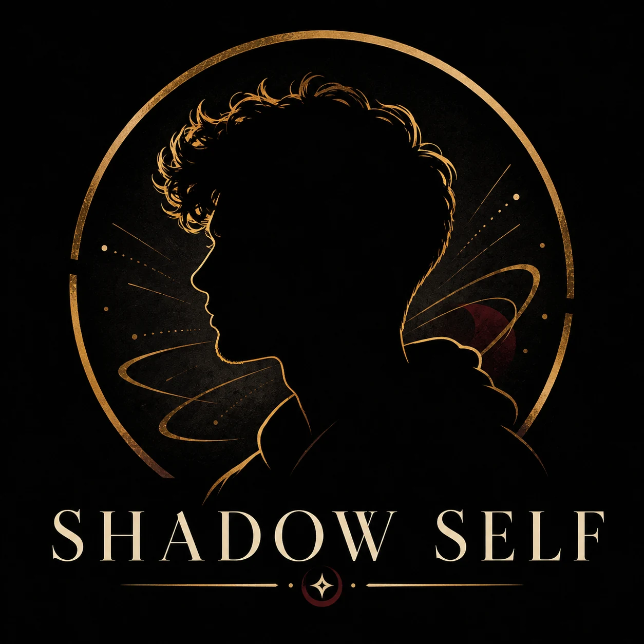 The SHADOW SELF logo captures the persons distinctive profile and hairstyle as a dark silhouette outlined with elegant gold details.