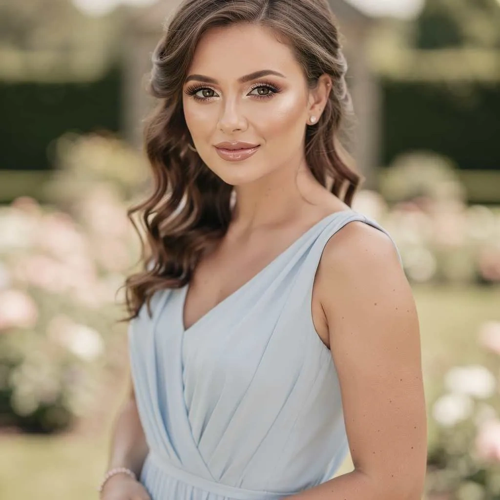 Elegant bridesmaid makeup with soft rosy beauty.