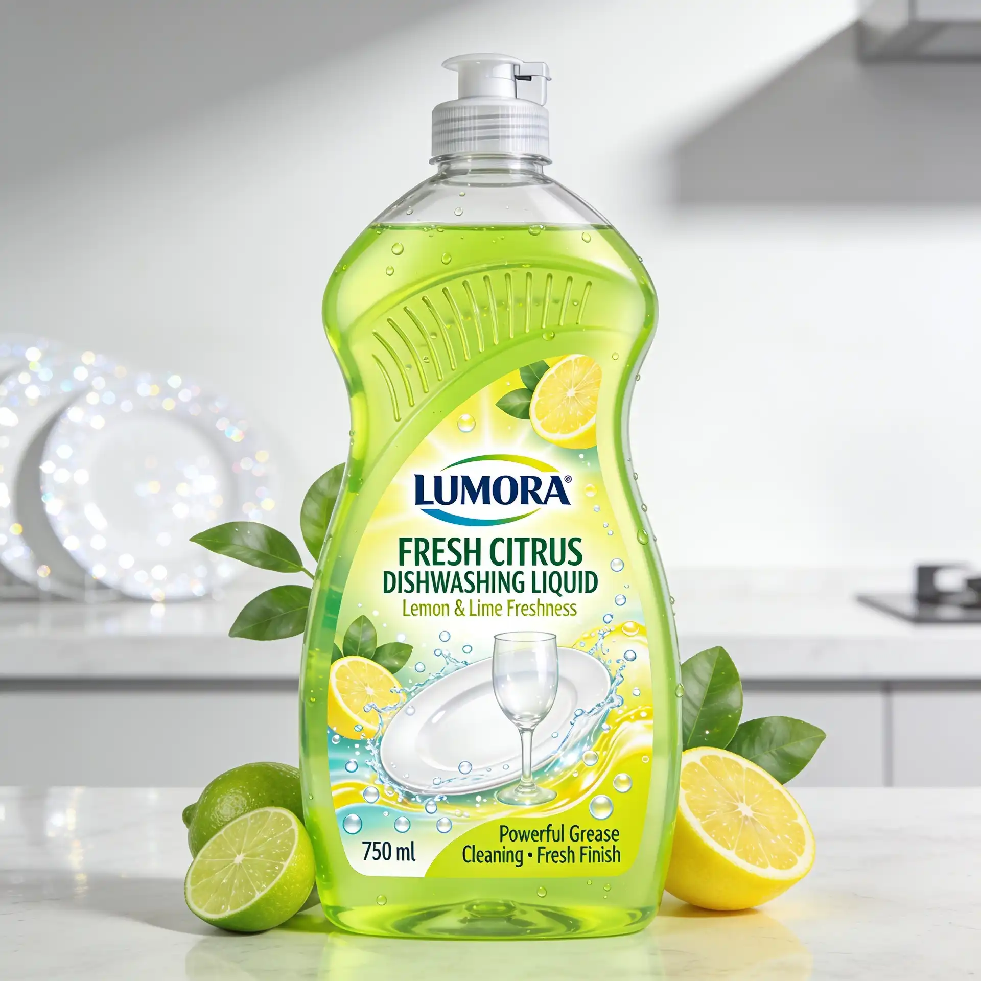 Citrus dishwashing liquid packaging in a transparent bottle with fresh lemon graphics