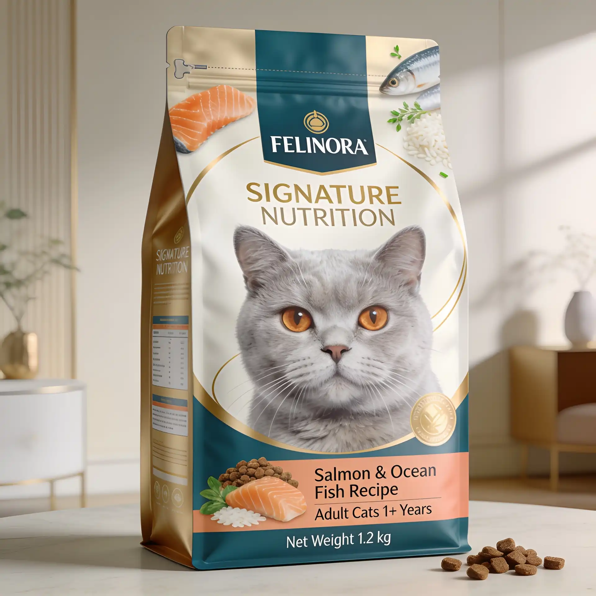 Premium salmon cat food pouch with British Shorthair cat and teal packaging