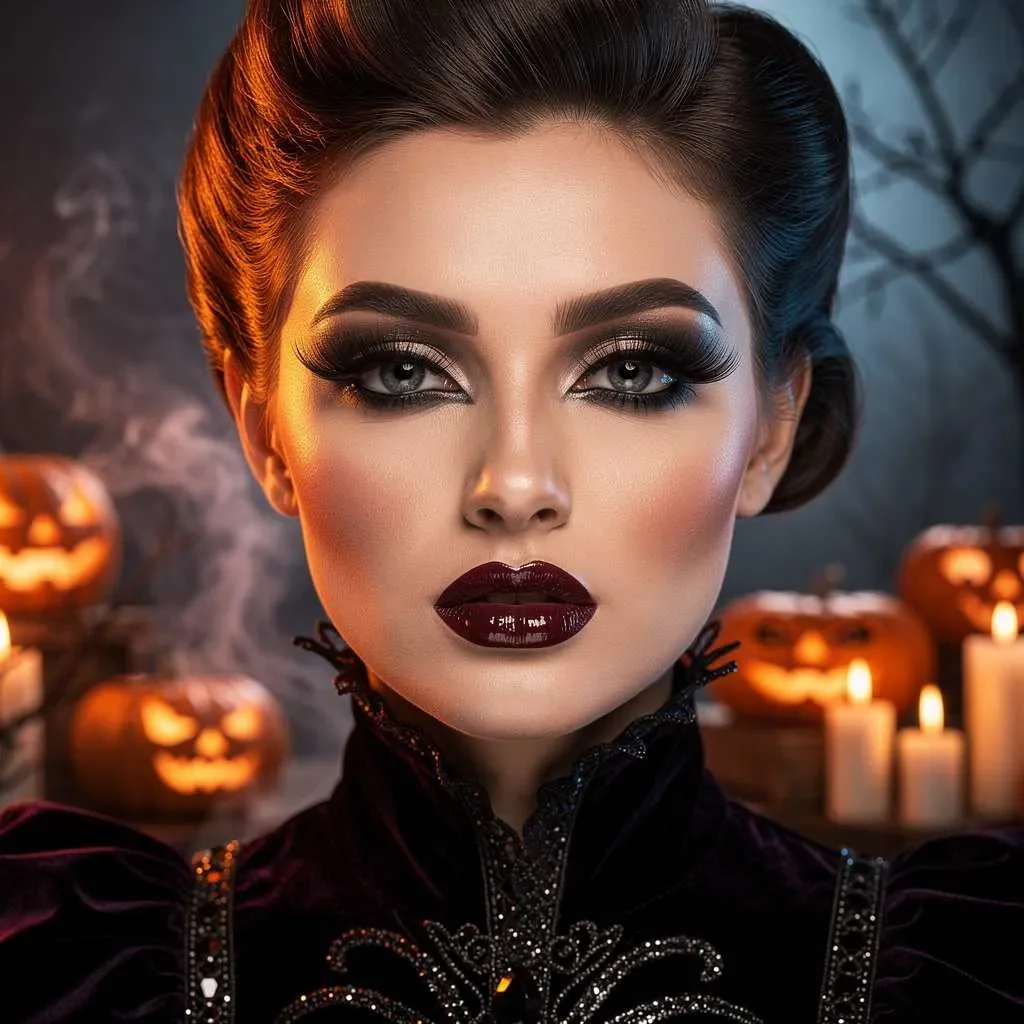 Glamorous Halloween makeup with a cinematic spooky aesthetic.