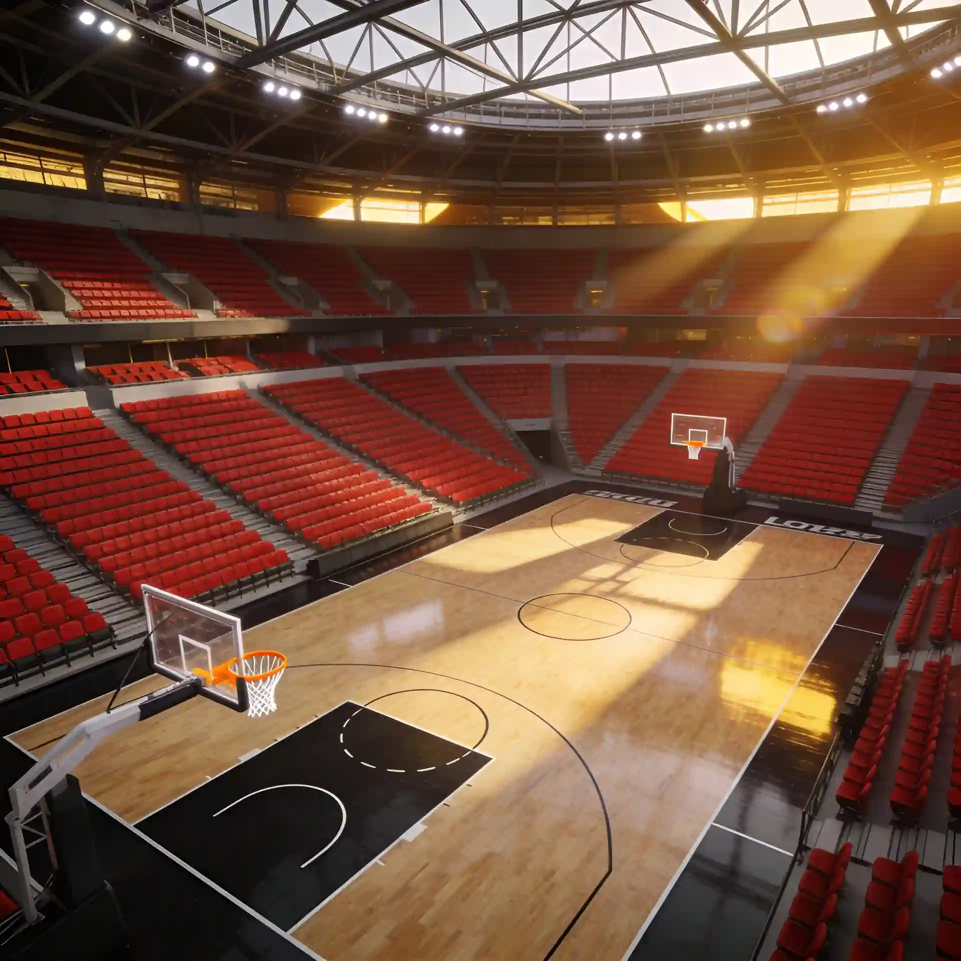 Empty indoor basketball arena with red seats, polished hardwood court, and bright arena lighting.