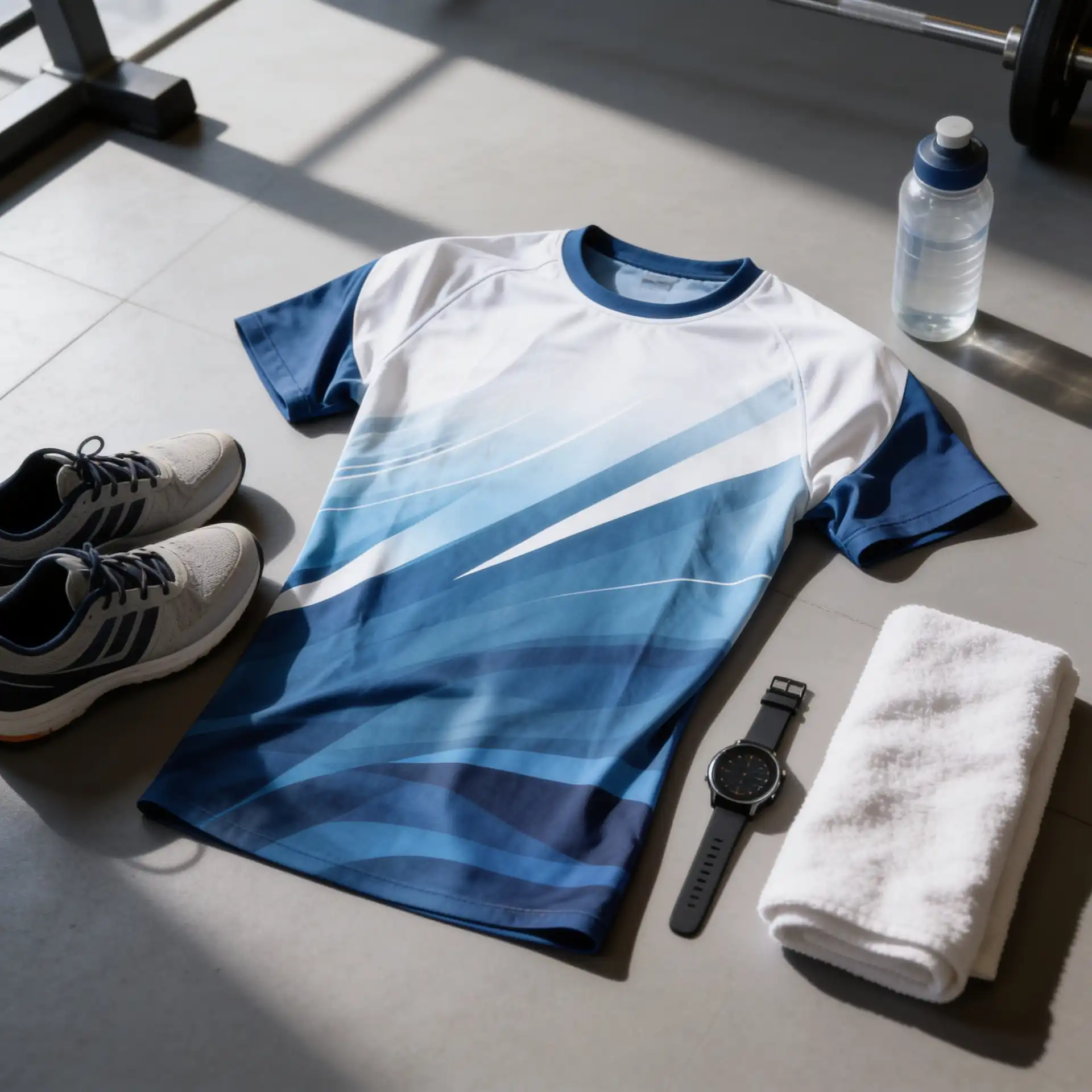 Blue and white sports T-shirt arranged with running shoes, a water bottle, smartwatch, and towel on a sunlit gym floor.