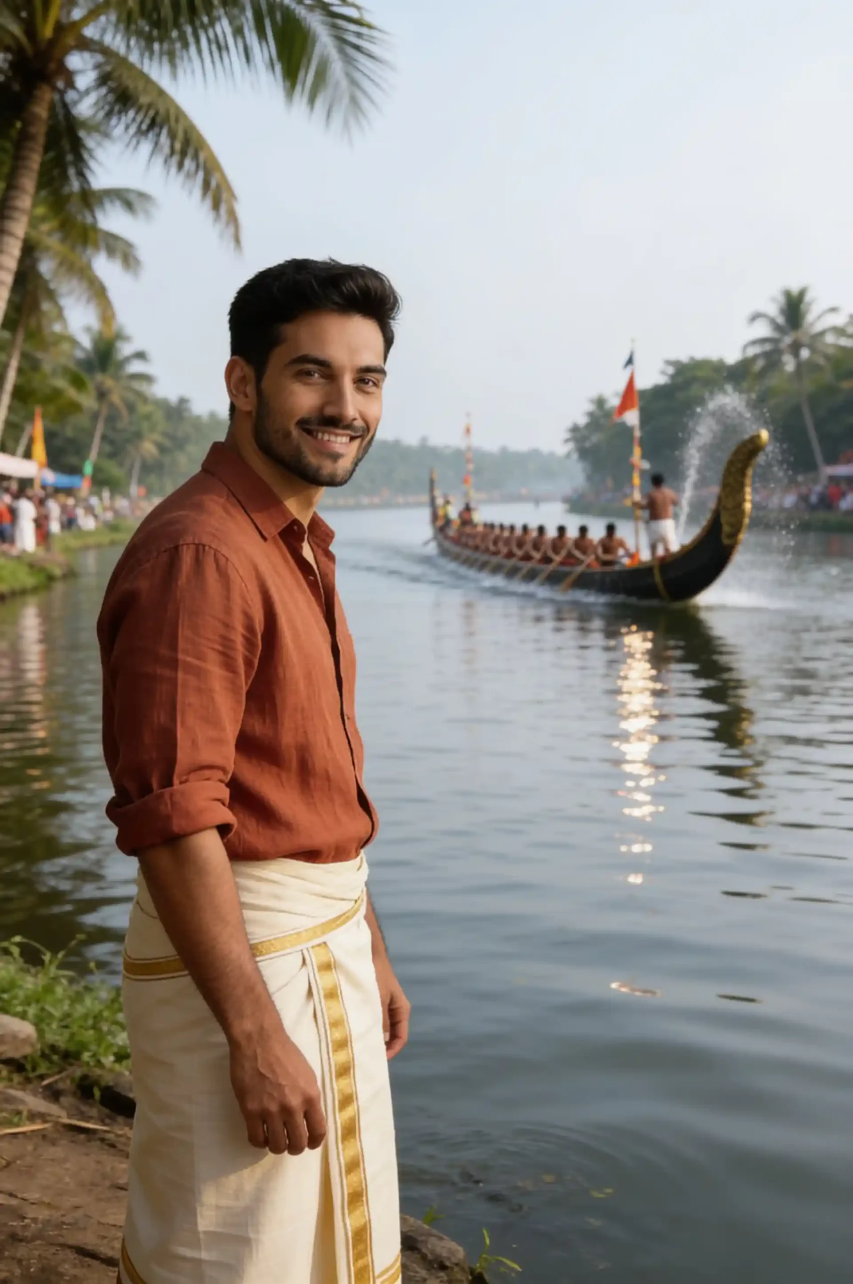 Man in traditional Kerala mundu posing beside the backwaters during a Vallam Kali boat race.