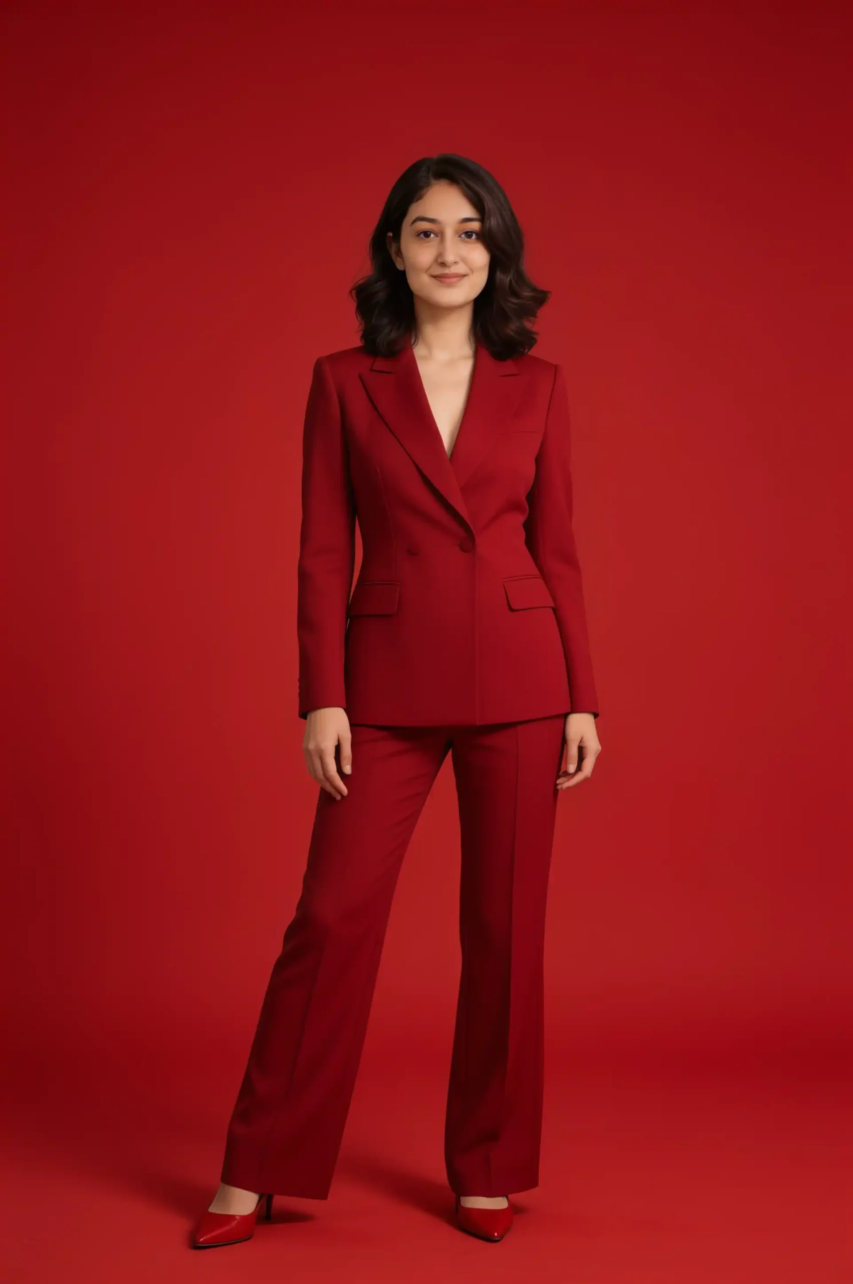 Person wearing a deep-red suit against a solid red studio background.