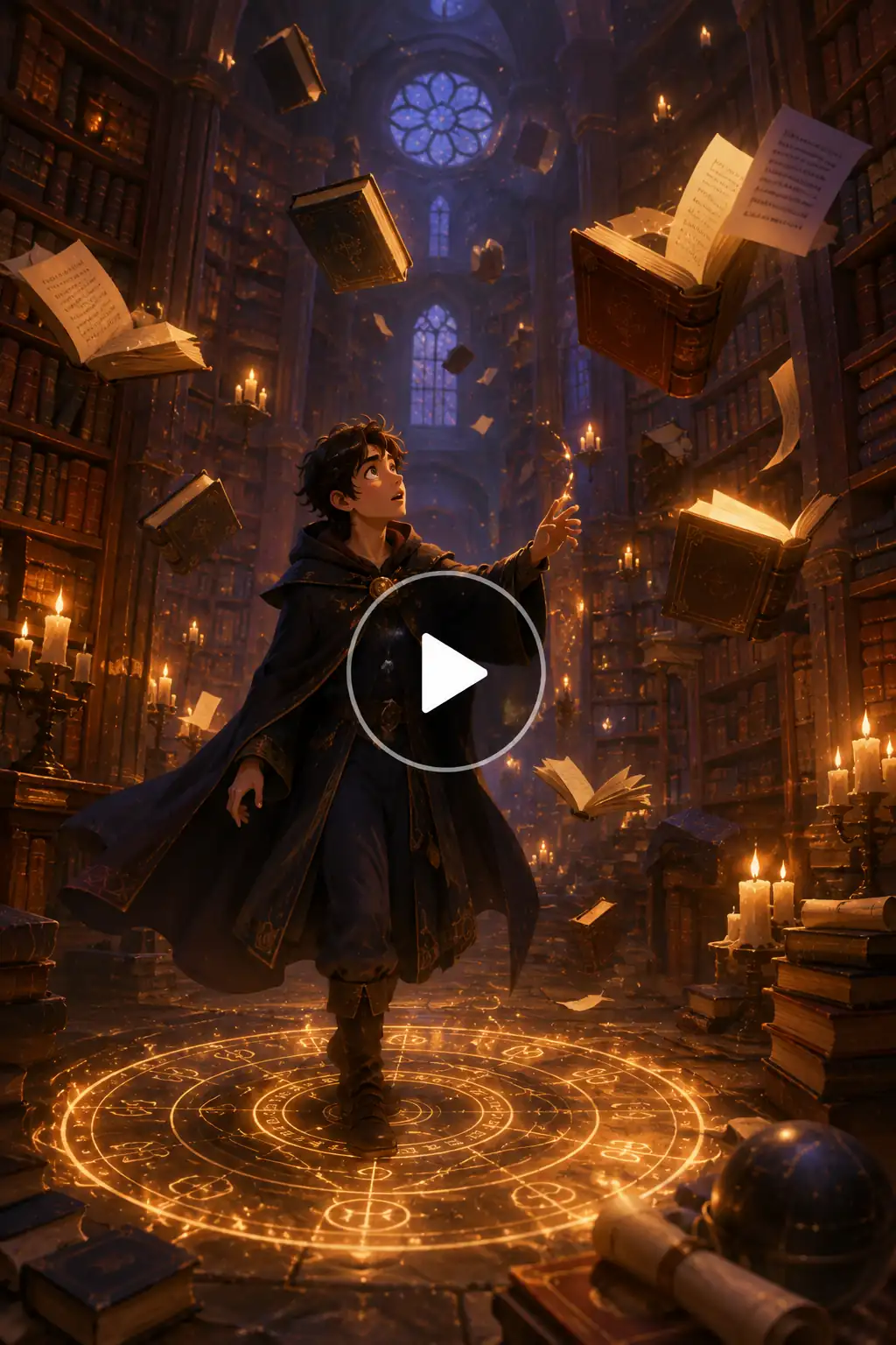 Young sorcerer standing in a magical library surrounded by floating books and a glowing spell circle.
