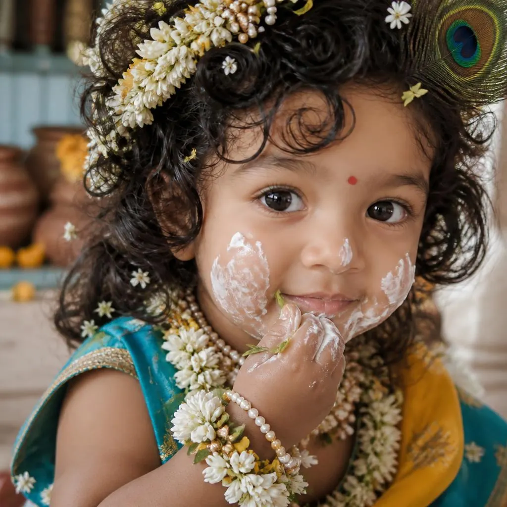 Extreme close-up of Little Krishna enjoying makhan, with butter-smeared cheeks, floral jewelry, jasmine, and a peacock-feather headpiece.