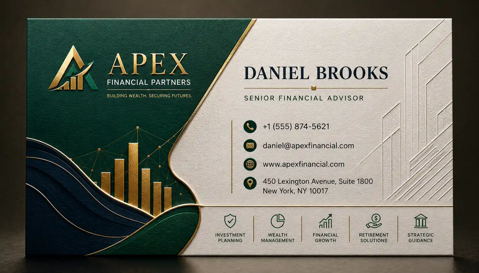 Elegant emerald-and-navy financial services business card with gold foil, embossed details, and subtle investment-inspired graphics.