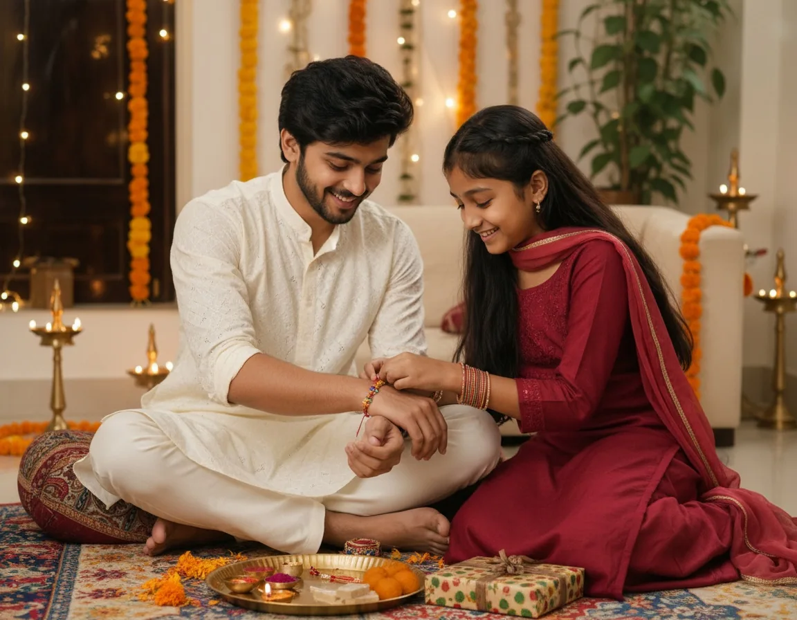 Sister tying a colorful rakhi on her brother’s wrist during a candid Raksha Bandhan celebration in a cozy Indian home.