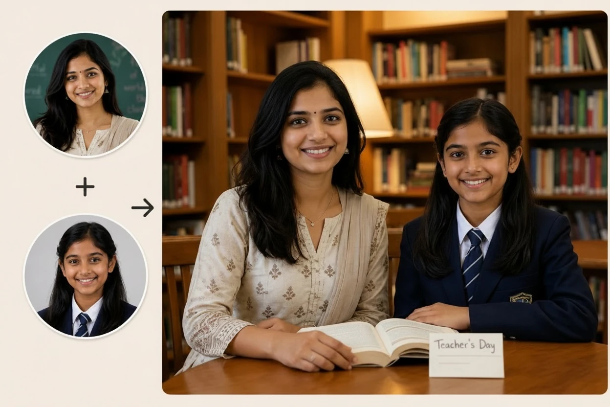 Student and favorite teacher sitting together with books in a warm library portrait