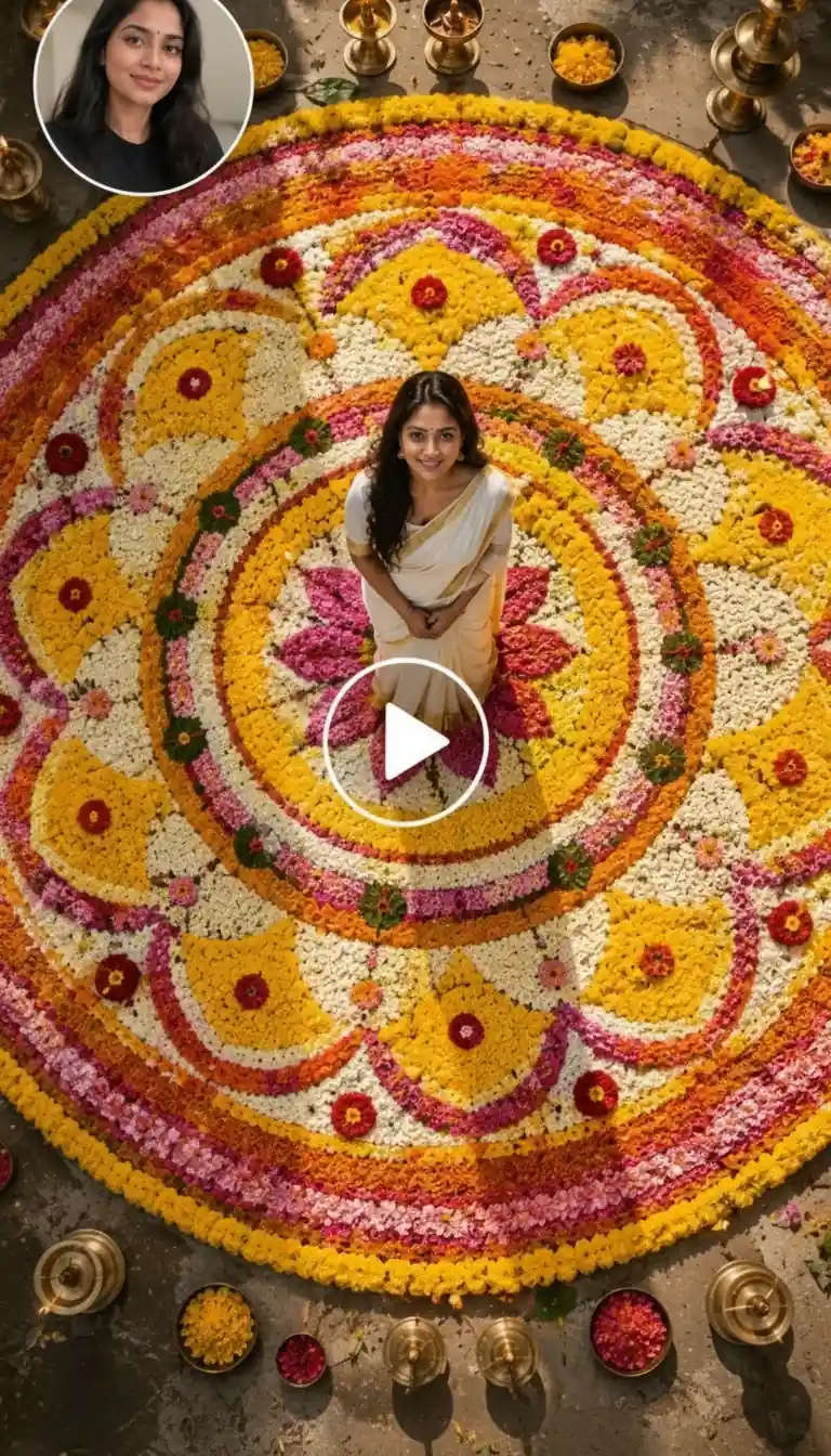 Frame screenshot of an Onam-themed video showing an overhead view of a person standing inside a large colorful floral pookalam.