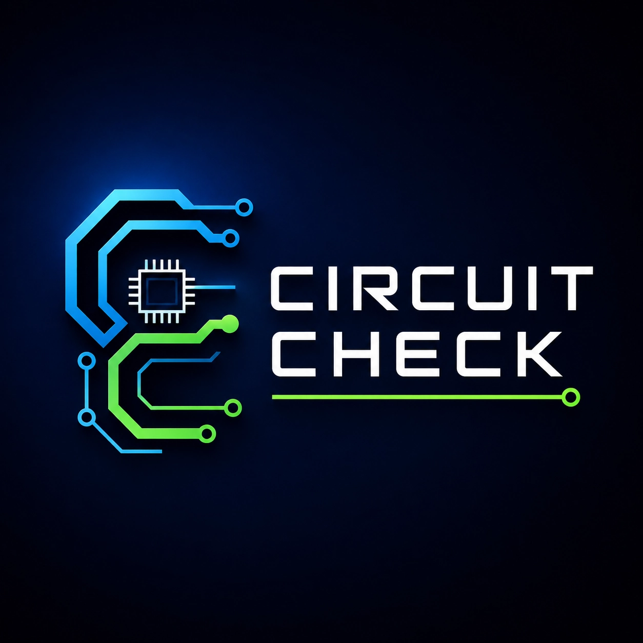 Tech review YouTube logo for Circuit Check with a geometric CC circuit monogram on a deep navy gradient background.