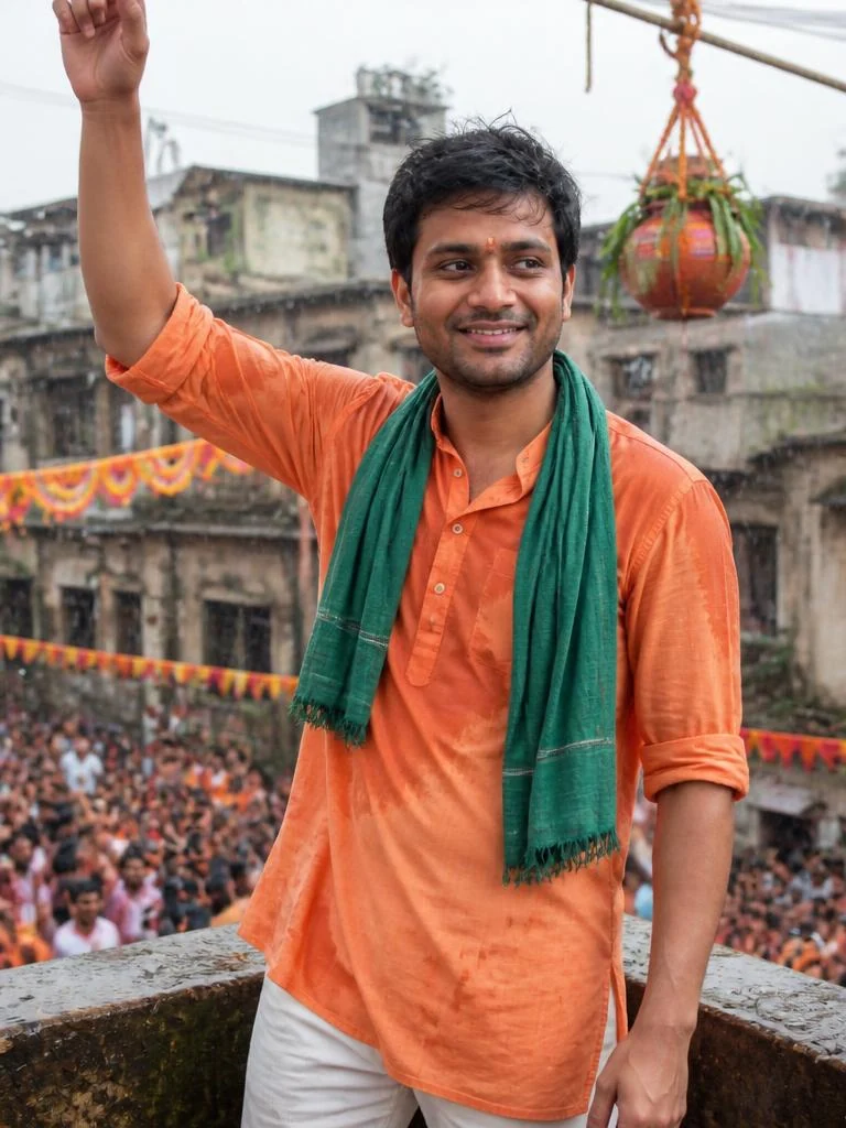 Young man celebrating Dahi Handi in a kesariya festive outfit amid an energetic Janmashtami crowd.
