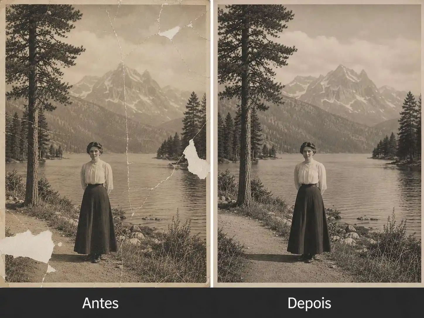 Comparação de antes e depois mostrando uma foto antiga danificada com áreas ausentes reconstruídas naturalmente.