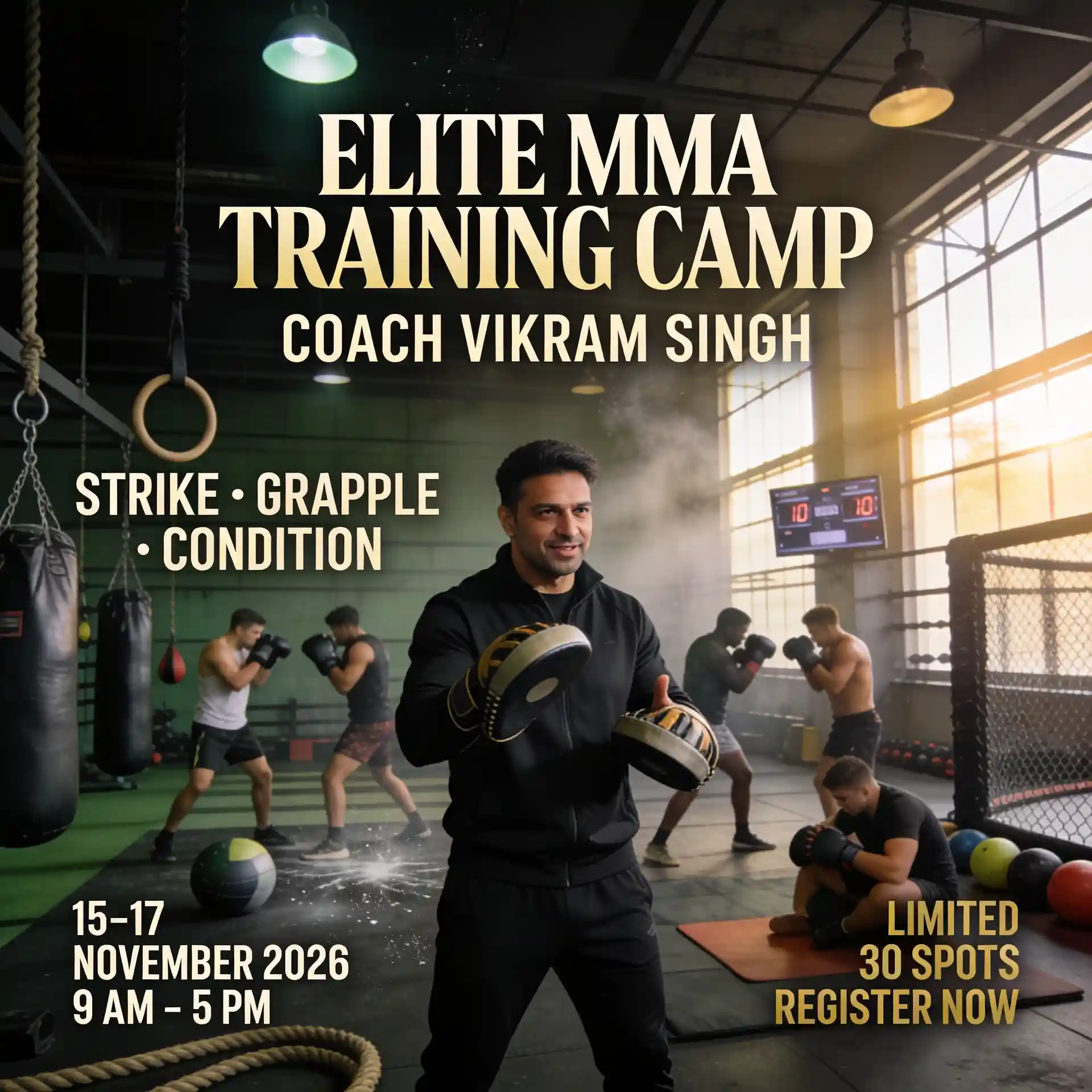 An MMA coach leads athletes through training drills inside a professional gym.