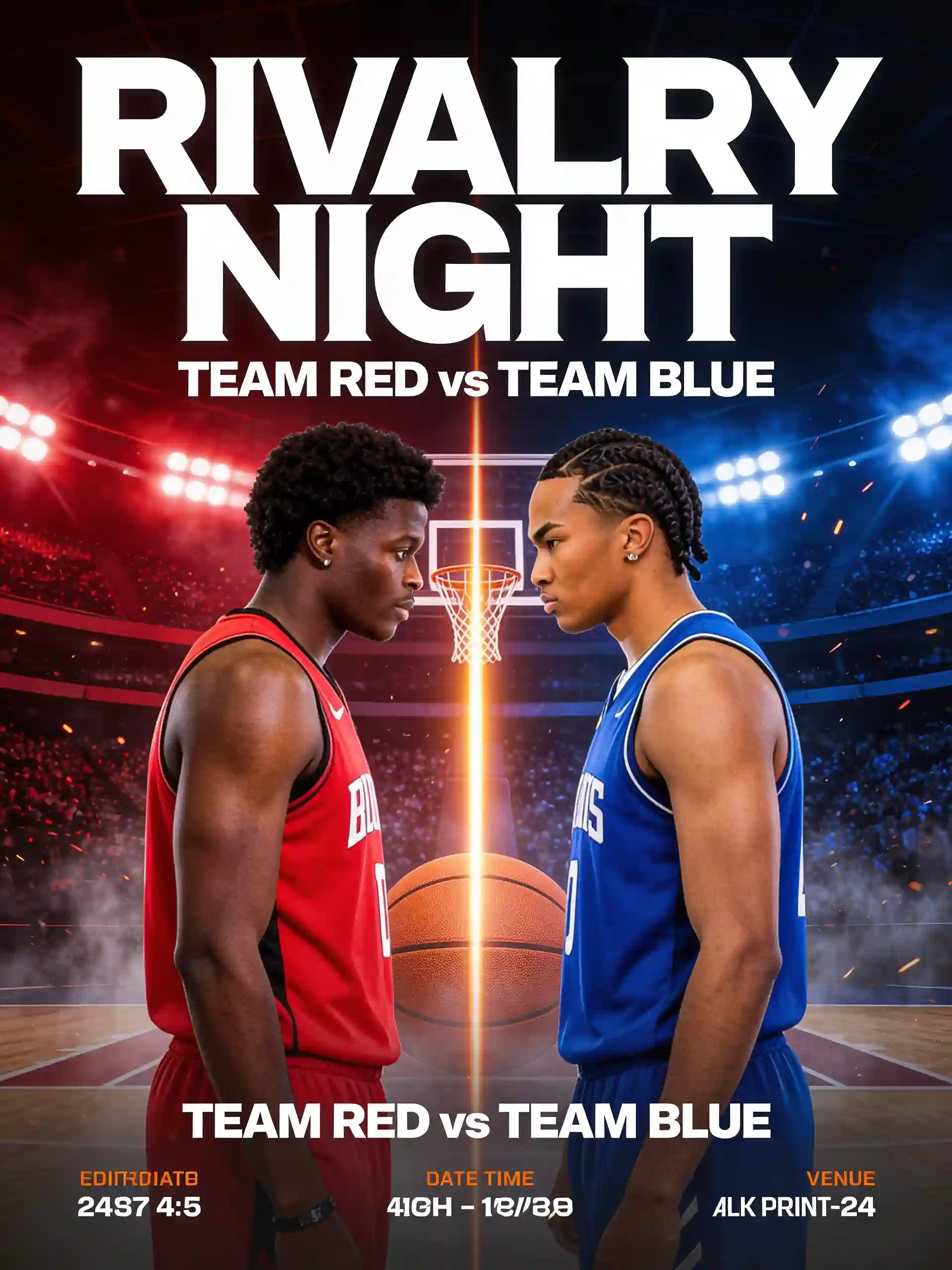 Two basketball players facing each other in a rivalry game poster.