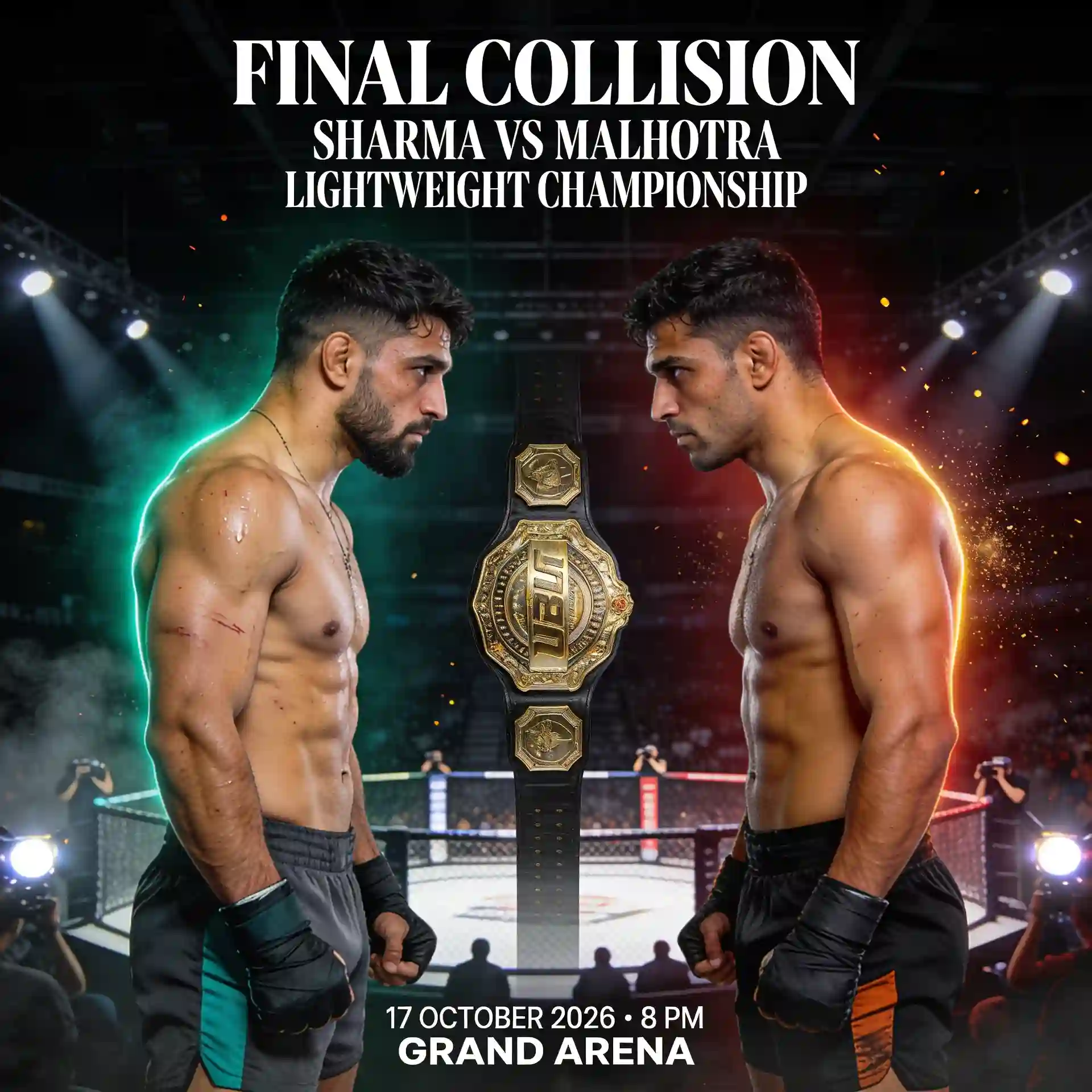 Two MMA fighters face off with a gold championship belt inside a dramatic arena.