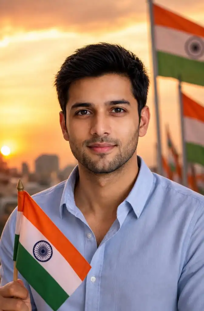 Cinematic Independence Day portrait of a person with Indian flags and warm sunset lighting.