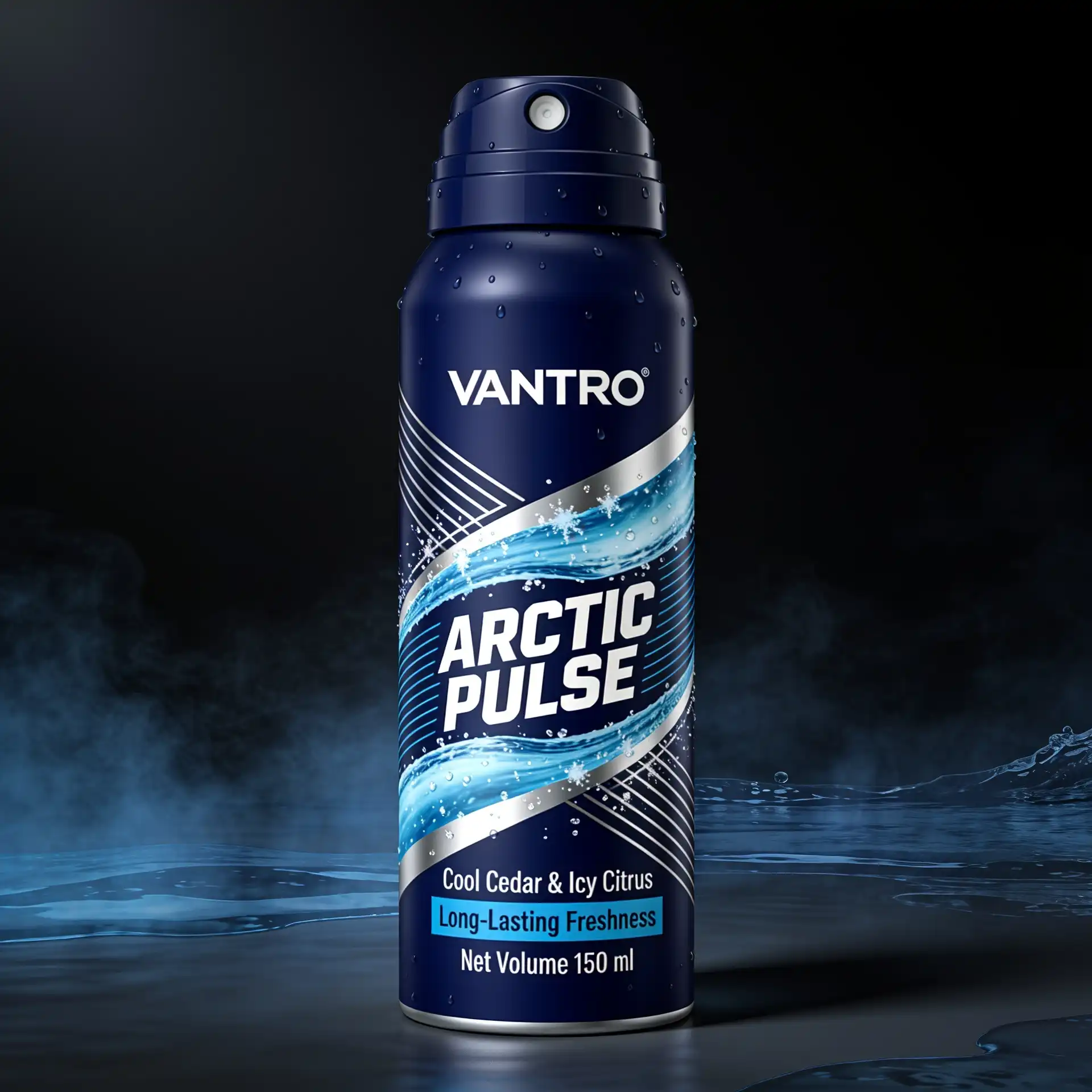 Modern navy deodorant spray packaging with electric blue freshness graphics
