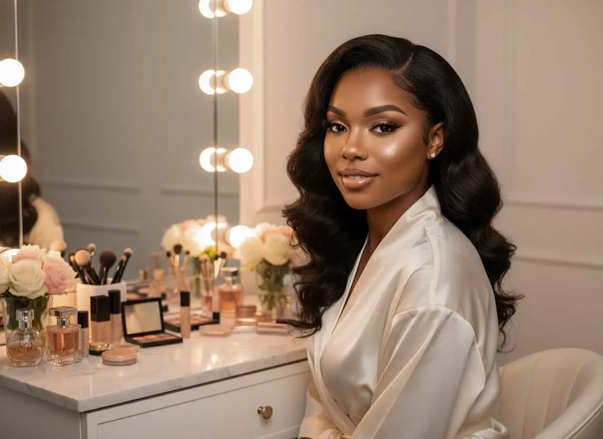 Luxury beauty portrait at an elegant makeup vanity.