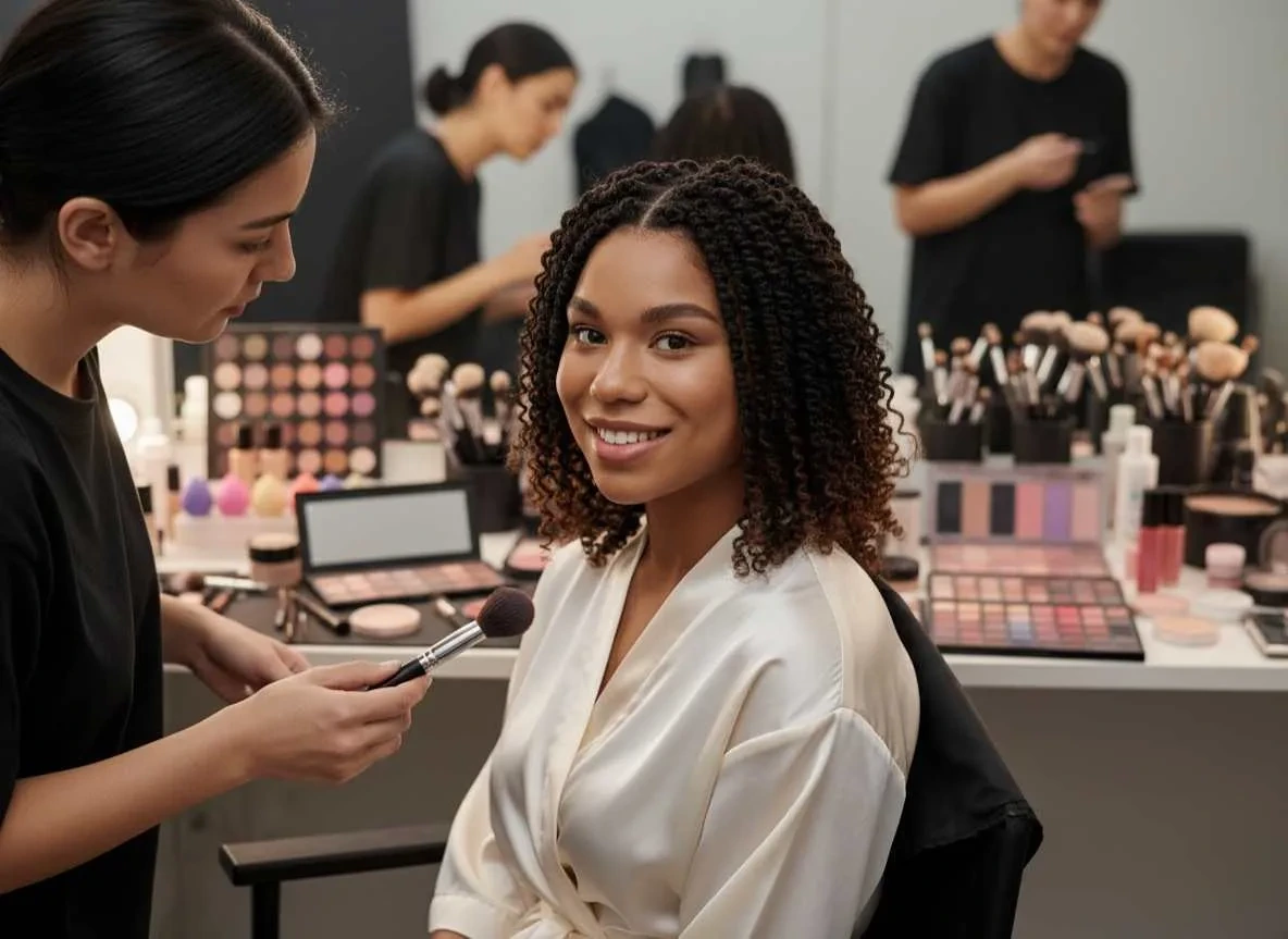 Professional makeup artist applying makeup during a beauty session.