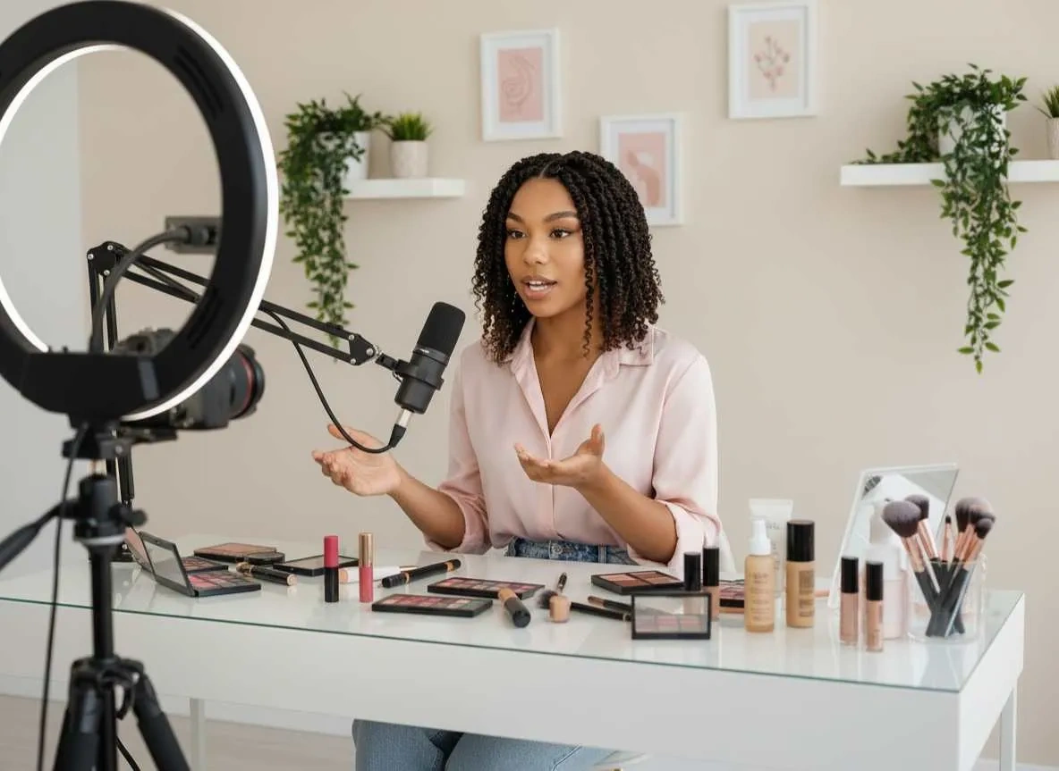 Beauty influencer filming a makeup tutorial in a modern studio.