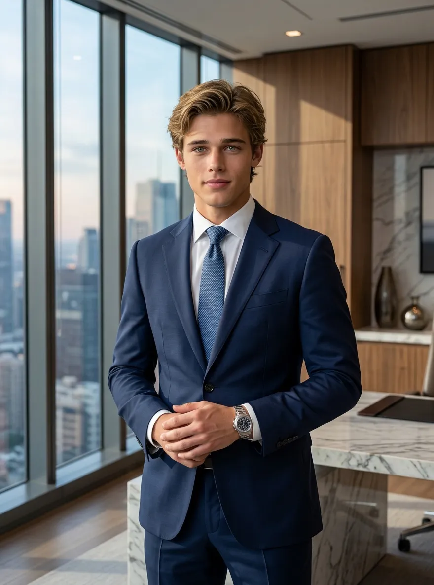 Retrato profesional de un CEO masculino en una oficina corporativa moderna con vistas al horizonte urbano y vestimenta ejecutiva de negocios.