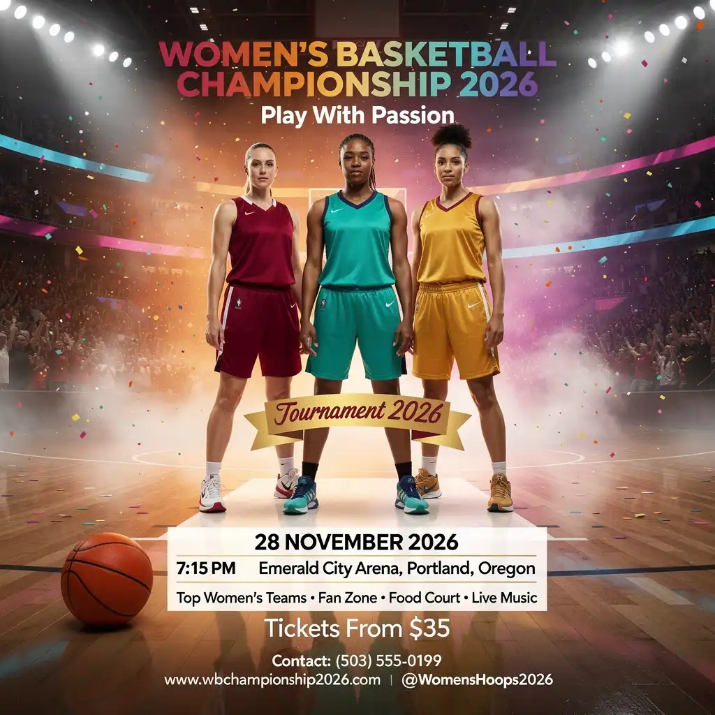 Women's basketball championship poster featuring three female players on a brightly lit court.