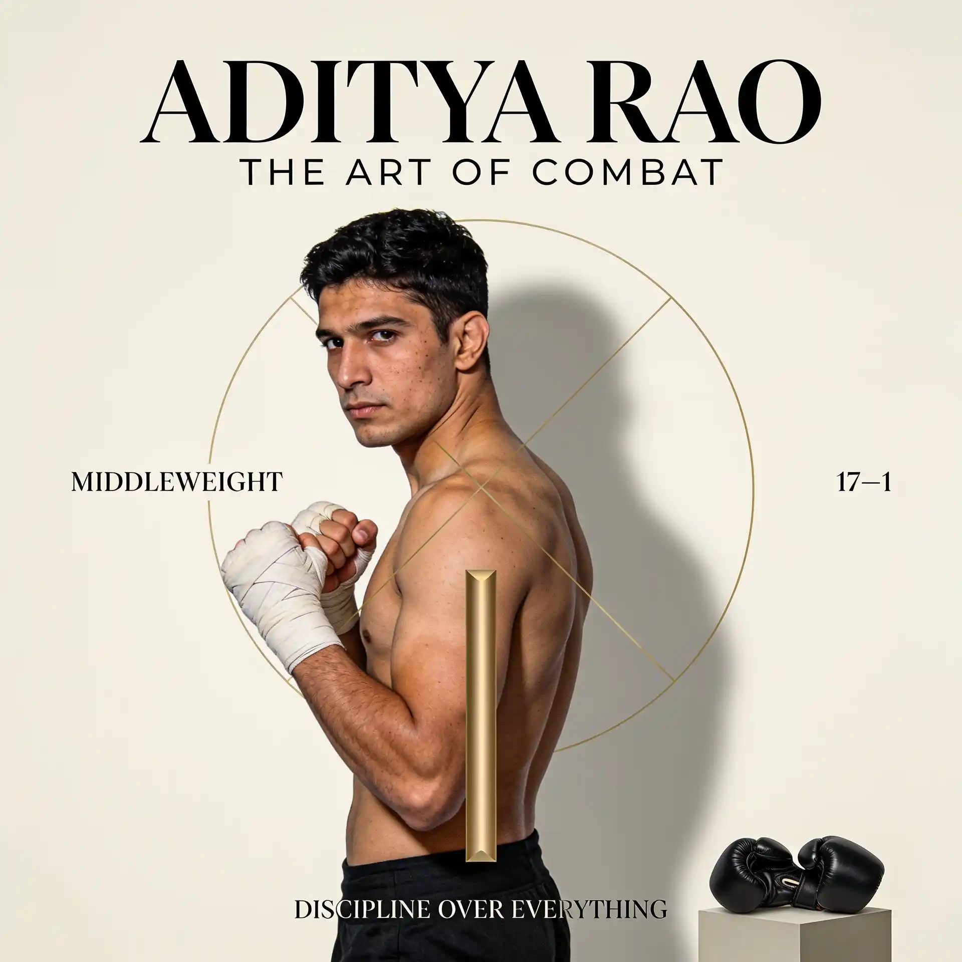A focused MMA fighter poses against a clean minimalist background with elegant graphics.