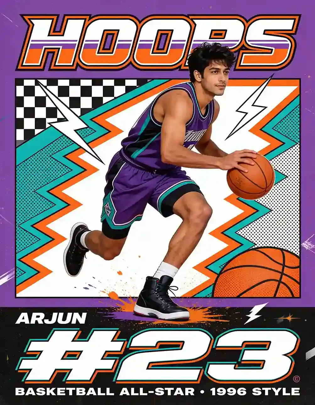 Basketball player dribbling in a colorful 1990s-style poster.