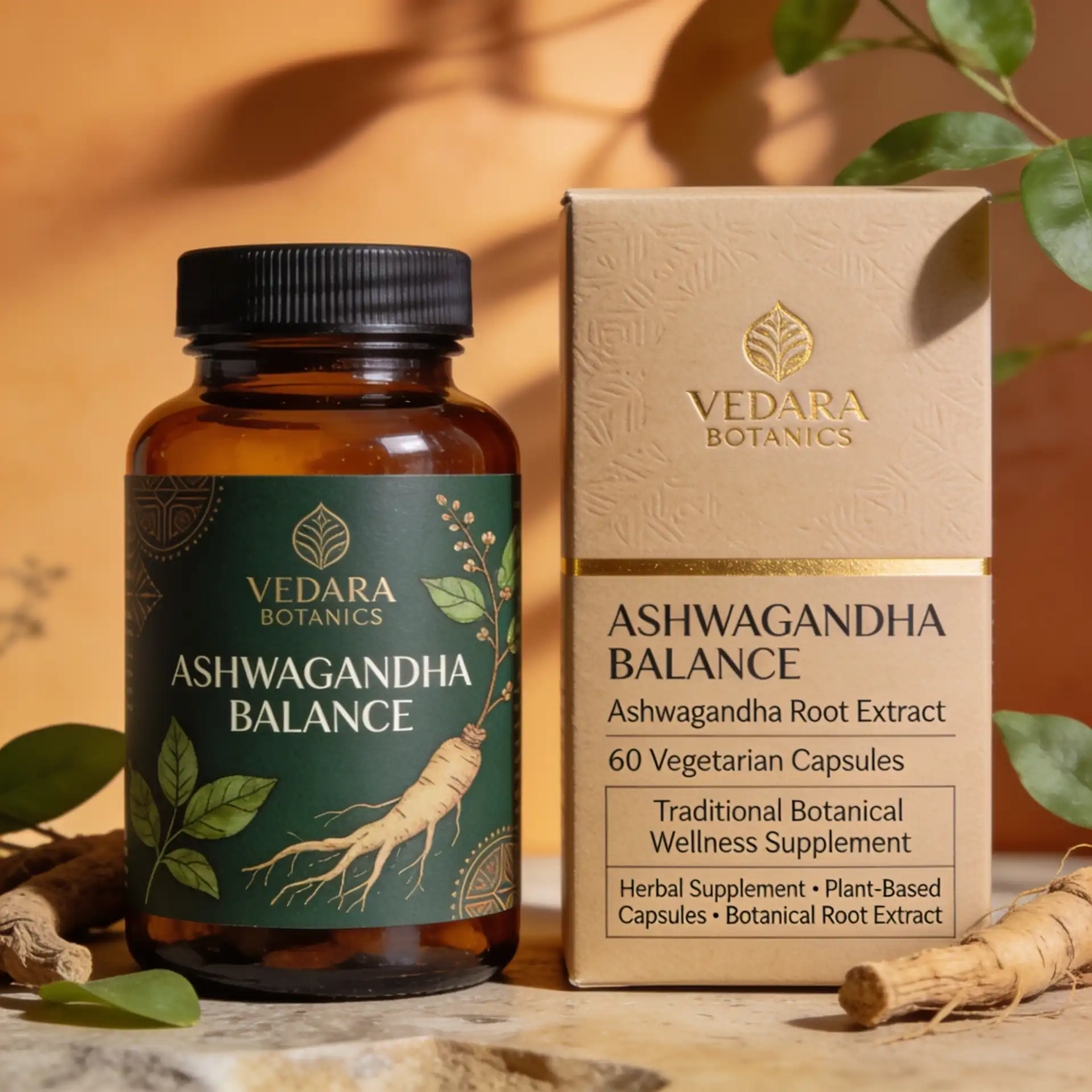 Ashwagandha supplement packaging with amber glass bottle and botanical carton