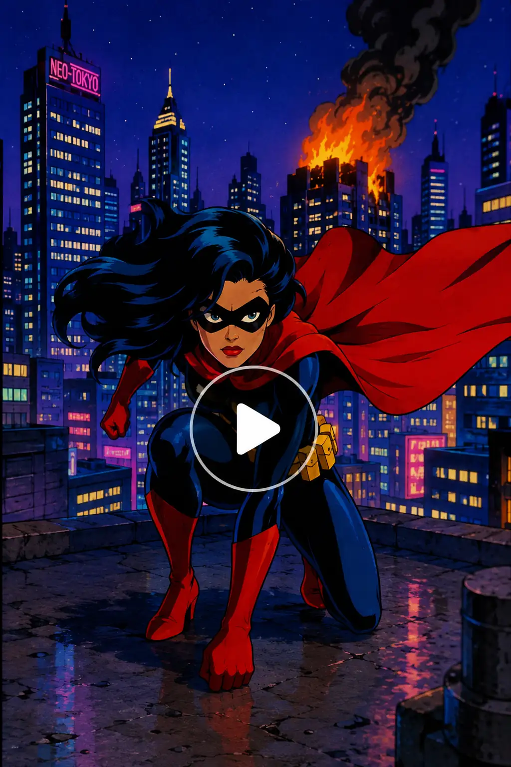 Masked superhero leaping across city rooftops toward danger in a bold retro comic style.