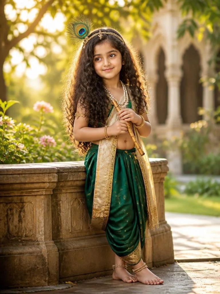 Little Krishna holding a wooden flute in an emerald-green dhoti, surrounded by a softly blurred Vrindavan garden in golden backlight.