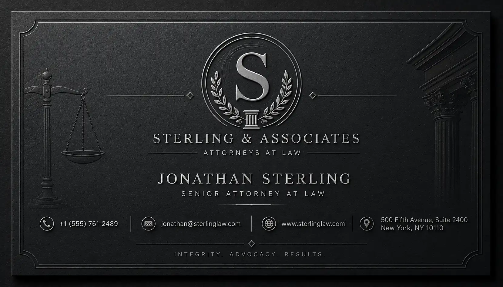 Sophisticated charcoal-and-gold law firm business card with embossed typography, legal motifs, and refined premium finishes.
