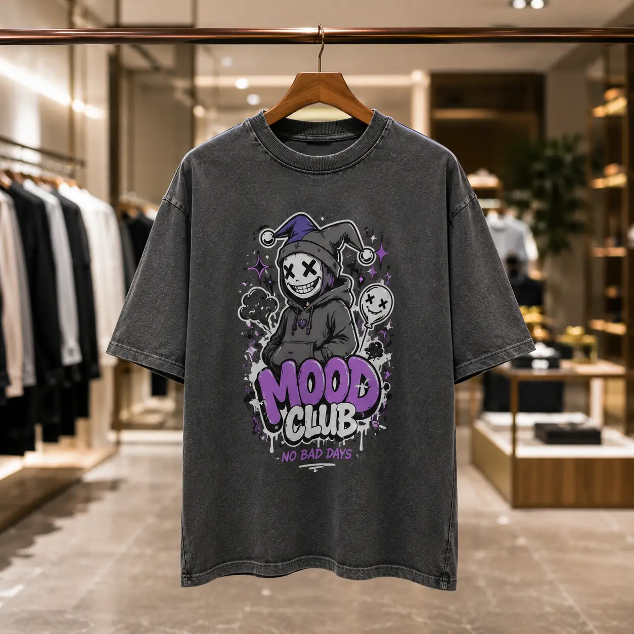 Charcoal graphic T-shirt hanging on a wooden hanger inside a softly blurred luxury clothing store.